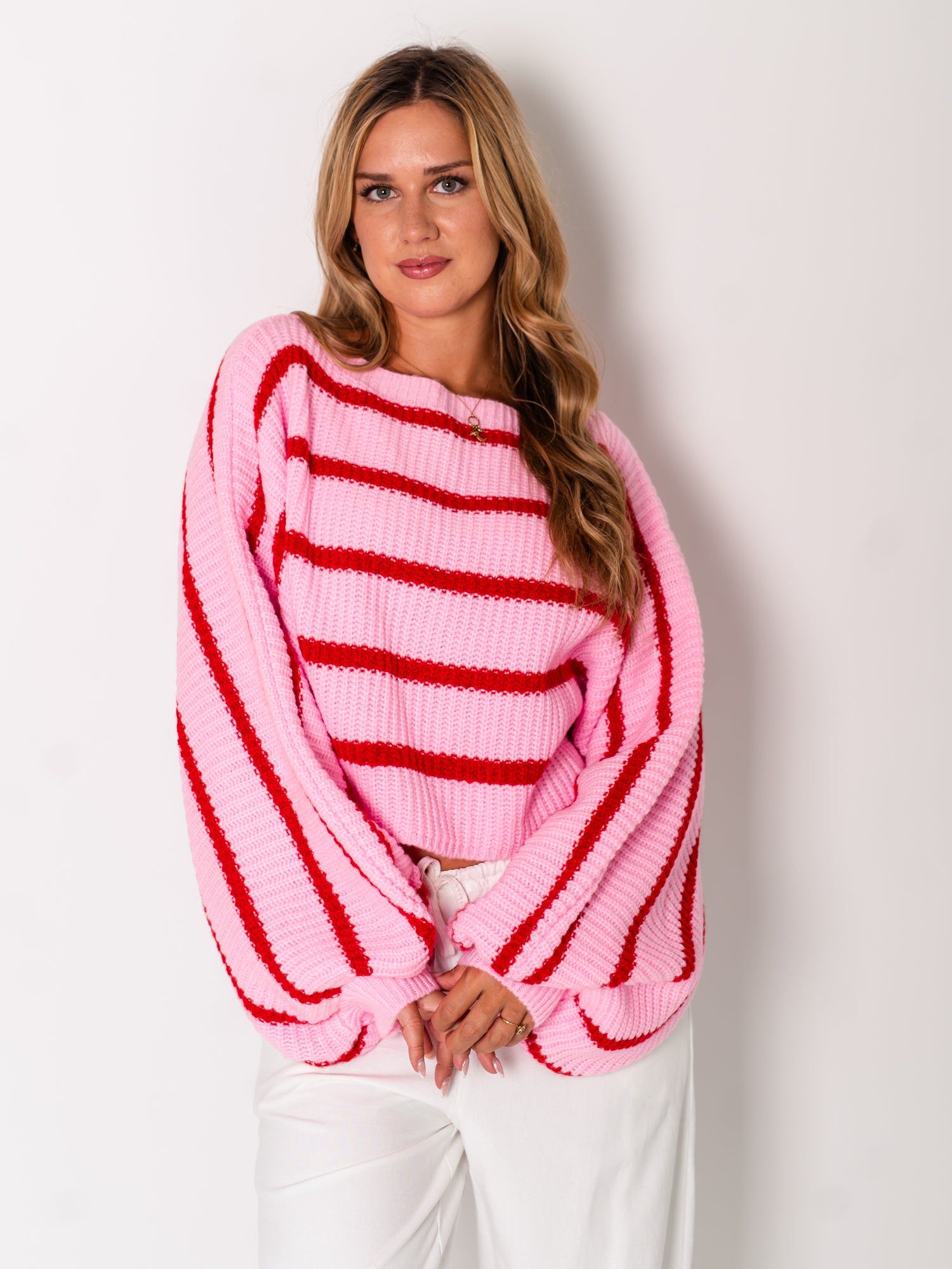 Niva Crop Streifen Pullover - Rosa/Rot