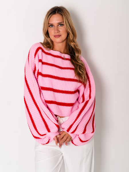 Niva Crop Streifen Pullover - Rosa/Rot