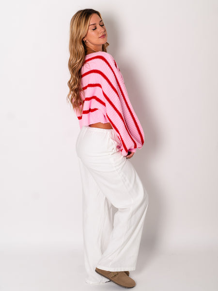 Niva Crop Streifen Pullover - Rosa/Rot