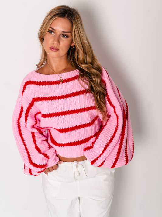 Niva Crop Streifen Pullover - Rosa/Rot