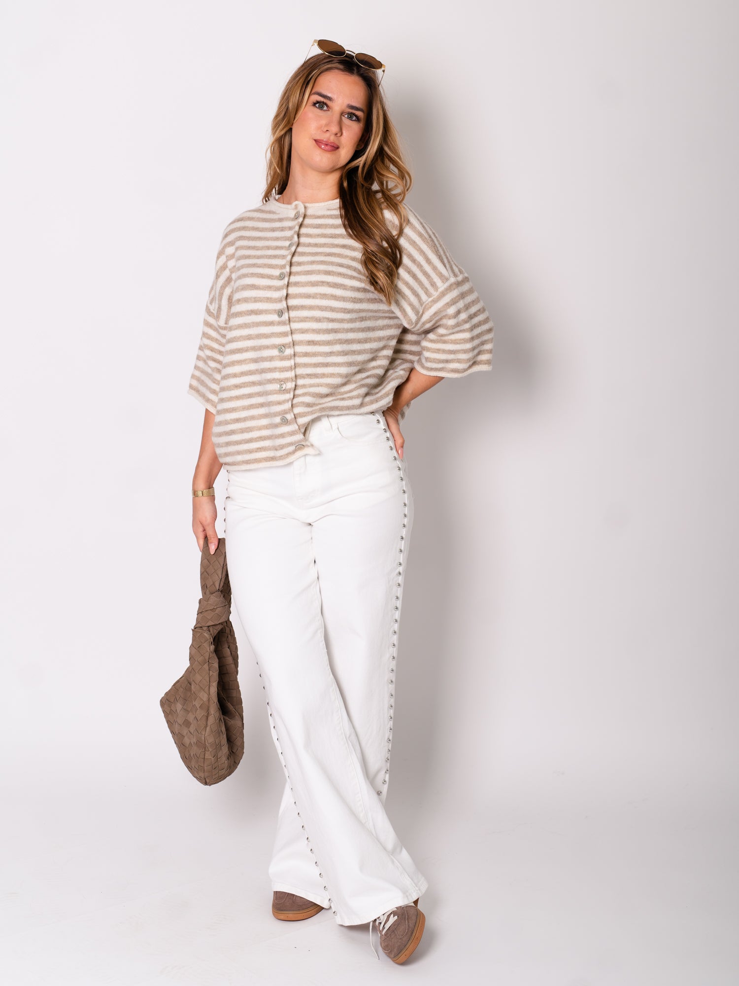 Sela Streifen Soft Strickjacke - Beige/Taupe