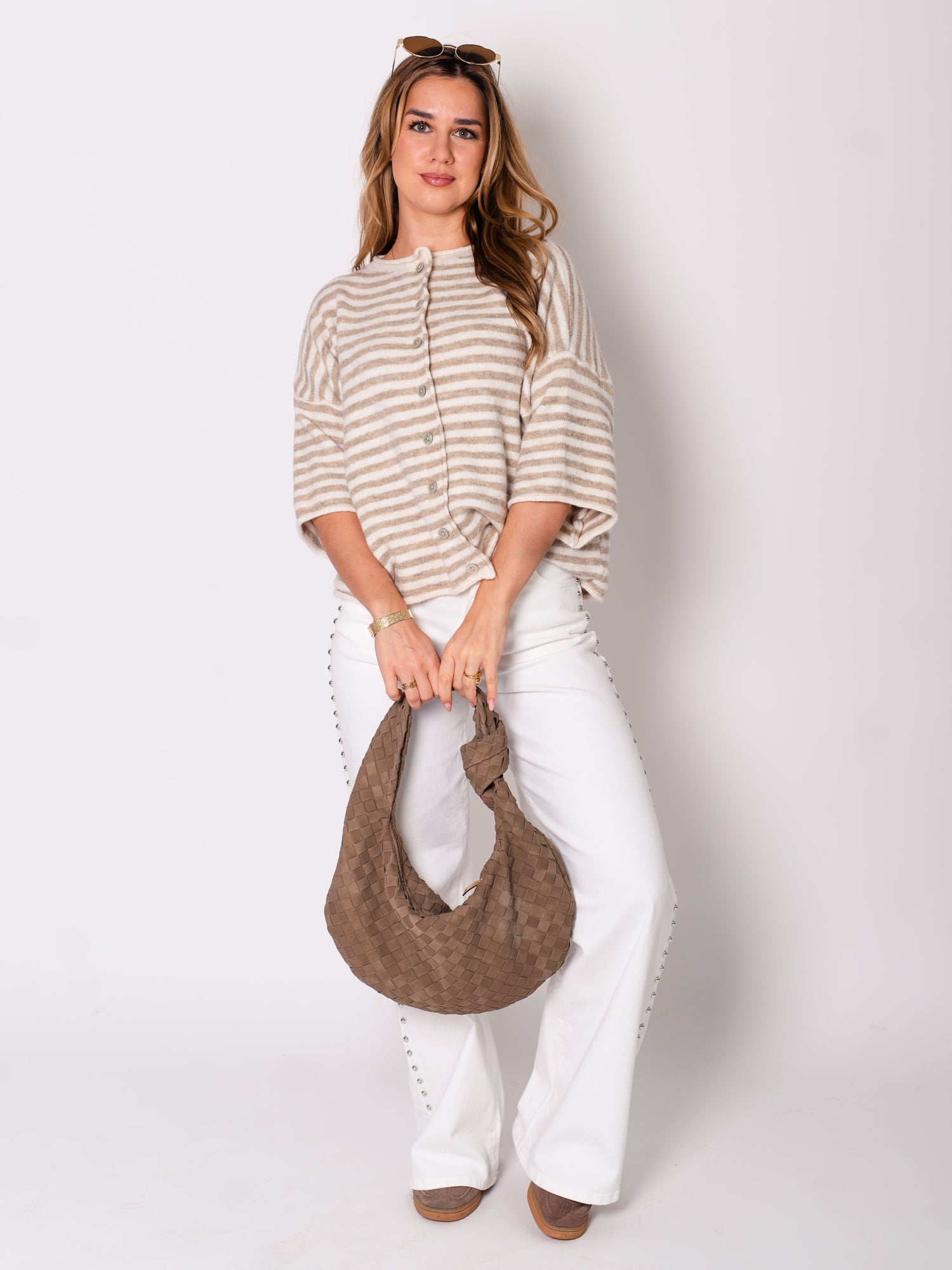 Sela Streifen Soft Strickjacke - Beige/Taupe