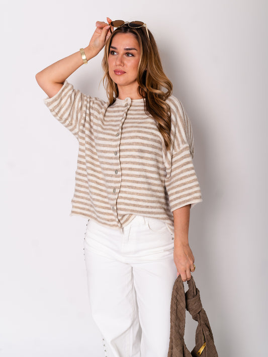 Sela Streifen Soft Strickjacke - Beige/Taupe