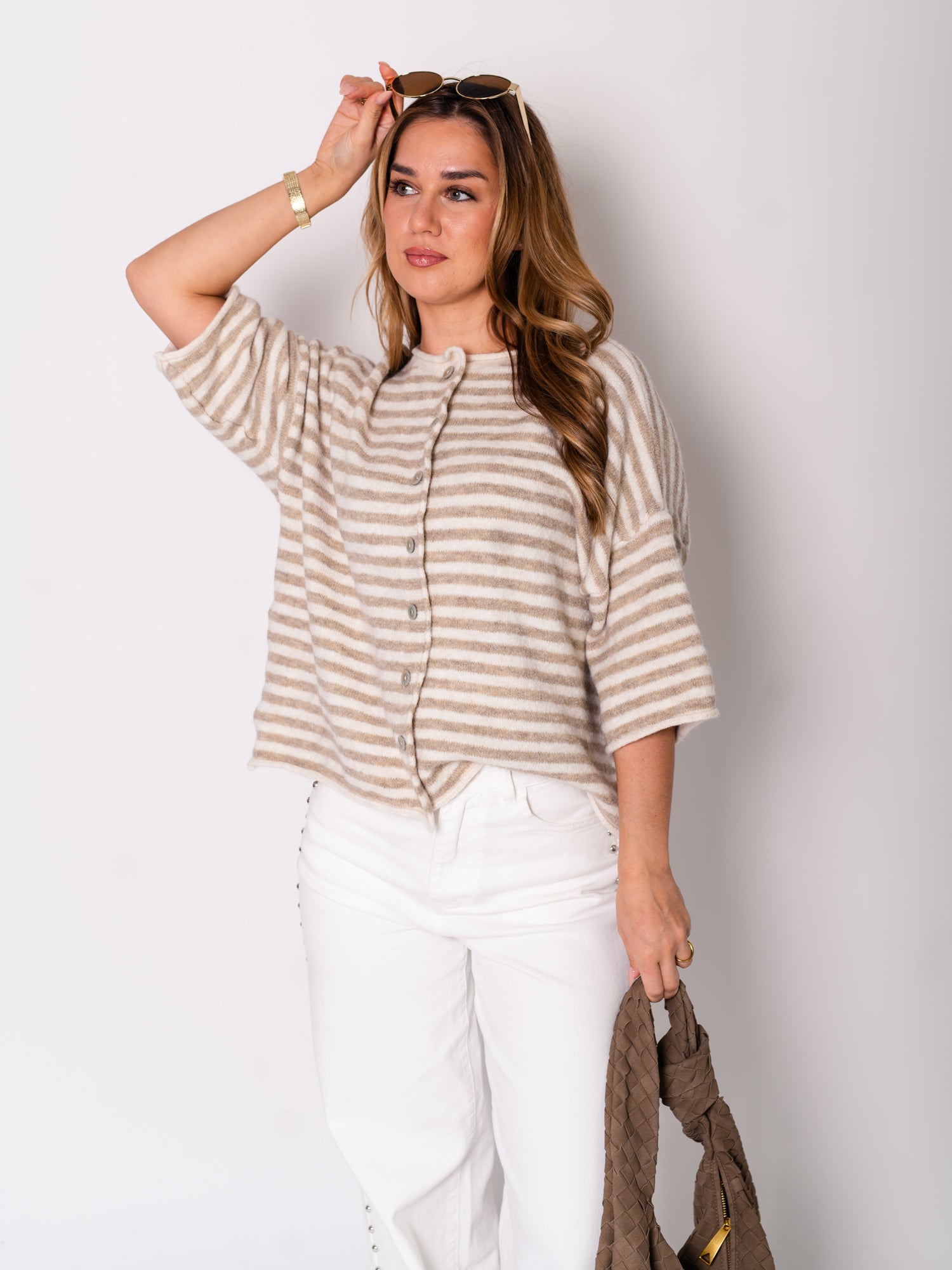 Sela Streifen Soft Strickjacke - Beige/Taupe