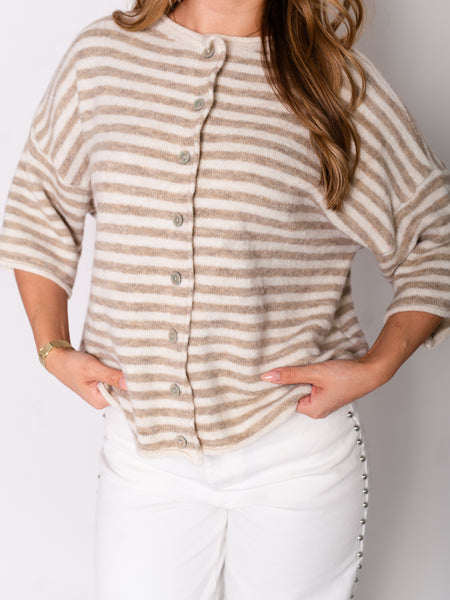 Sela Streifen Soft Strickjacke - Beige/Taupe