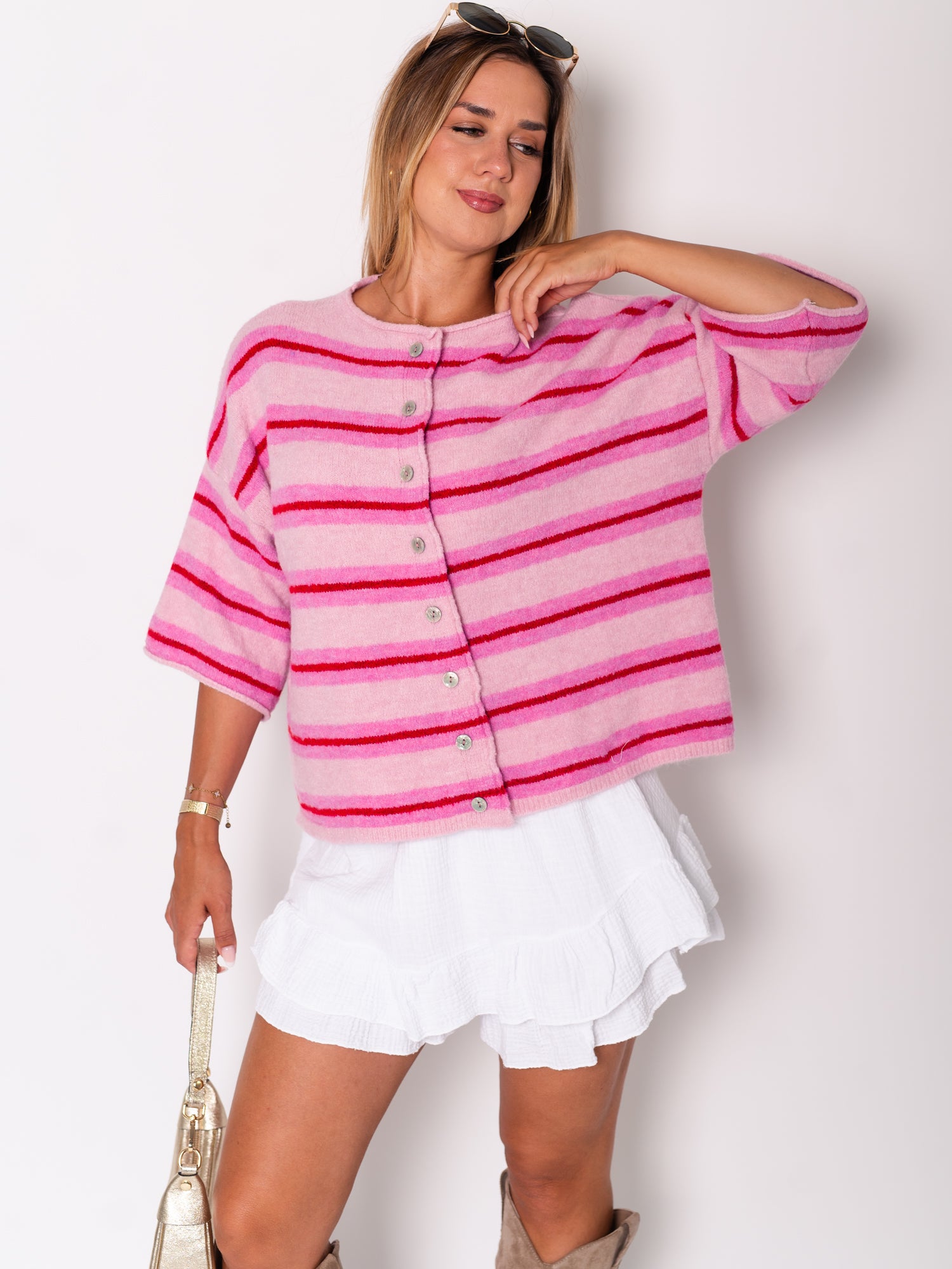 Leni Streifen Soft Strickjacke - Rosa/Rot
