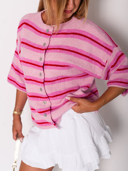 Leni Streifen Soft Strickjacke - Rosa/Rot