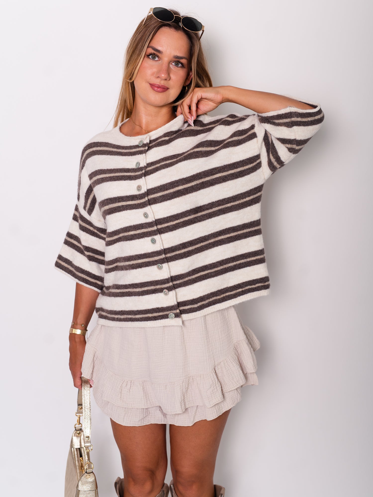 Leni Streifen Soft Strickjacke - Creme/Taupe
