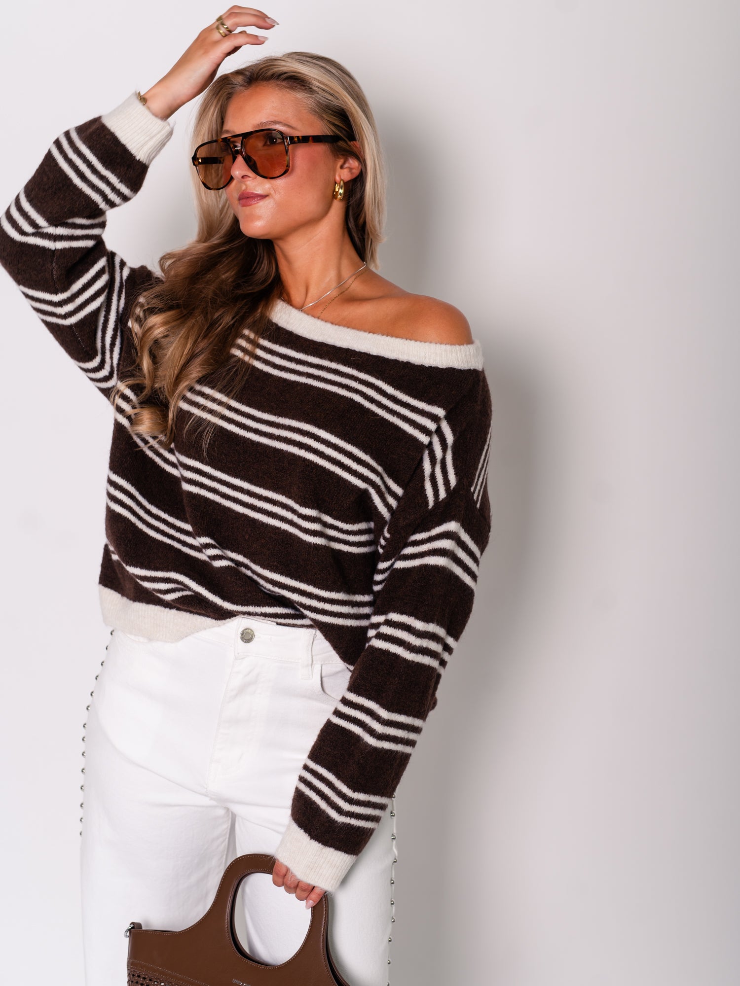Nola Streifen Offshoulder Pullover - Braun/Creme