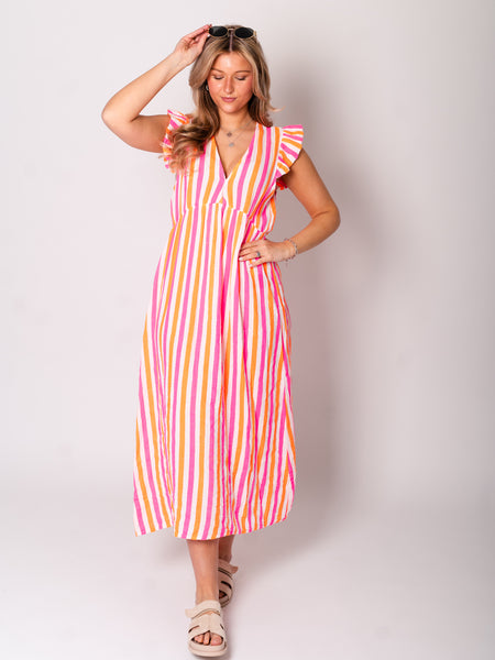 Leonora Musselin Kleid -  Streifen/Pink/Weiß