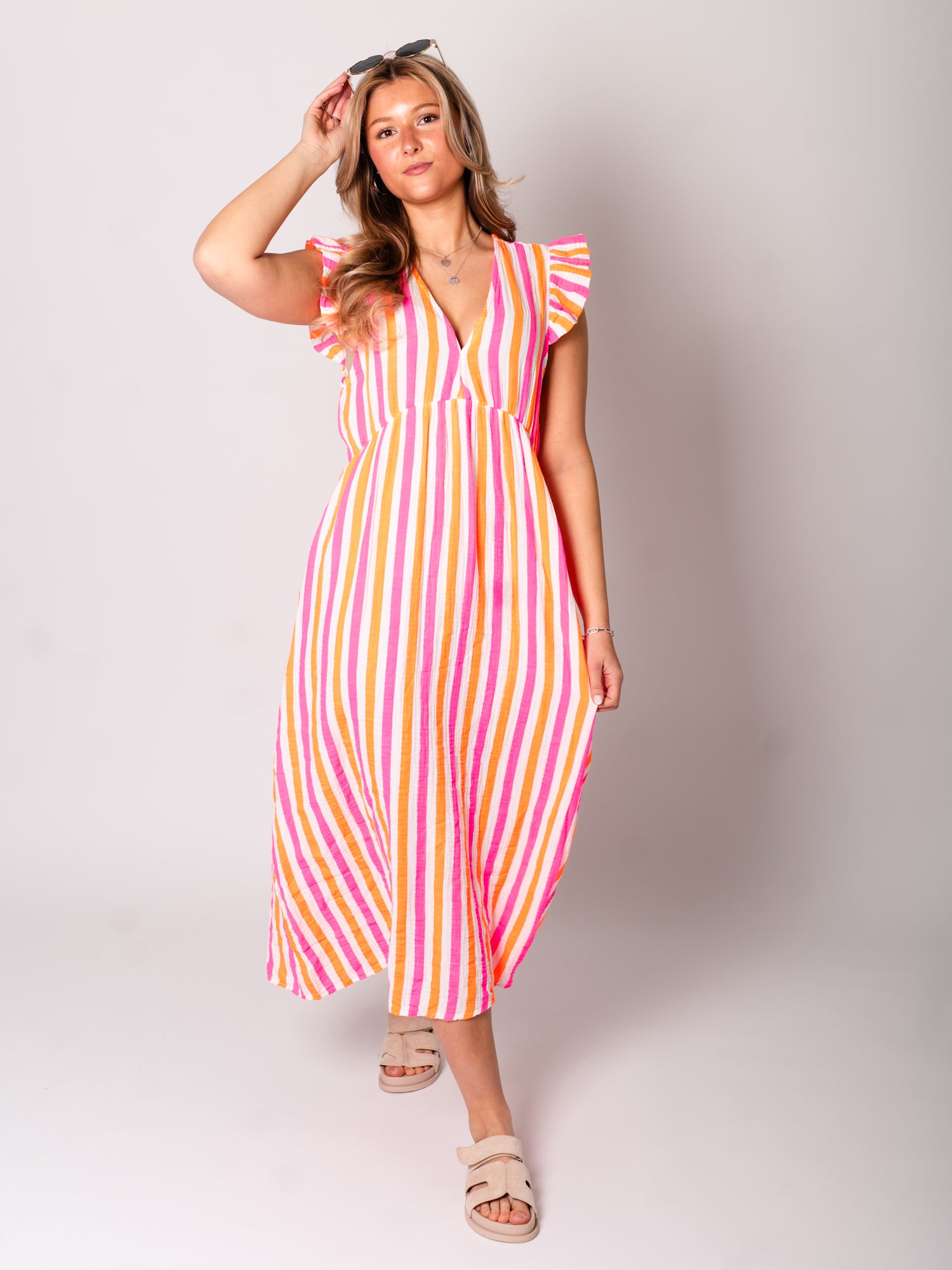 Leonora Musselin Kleid -  Streifen/Pink/Weiß