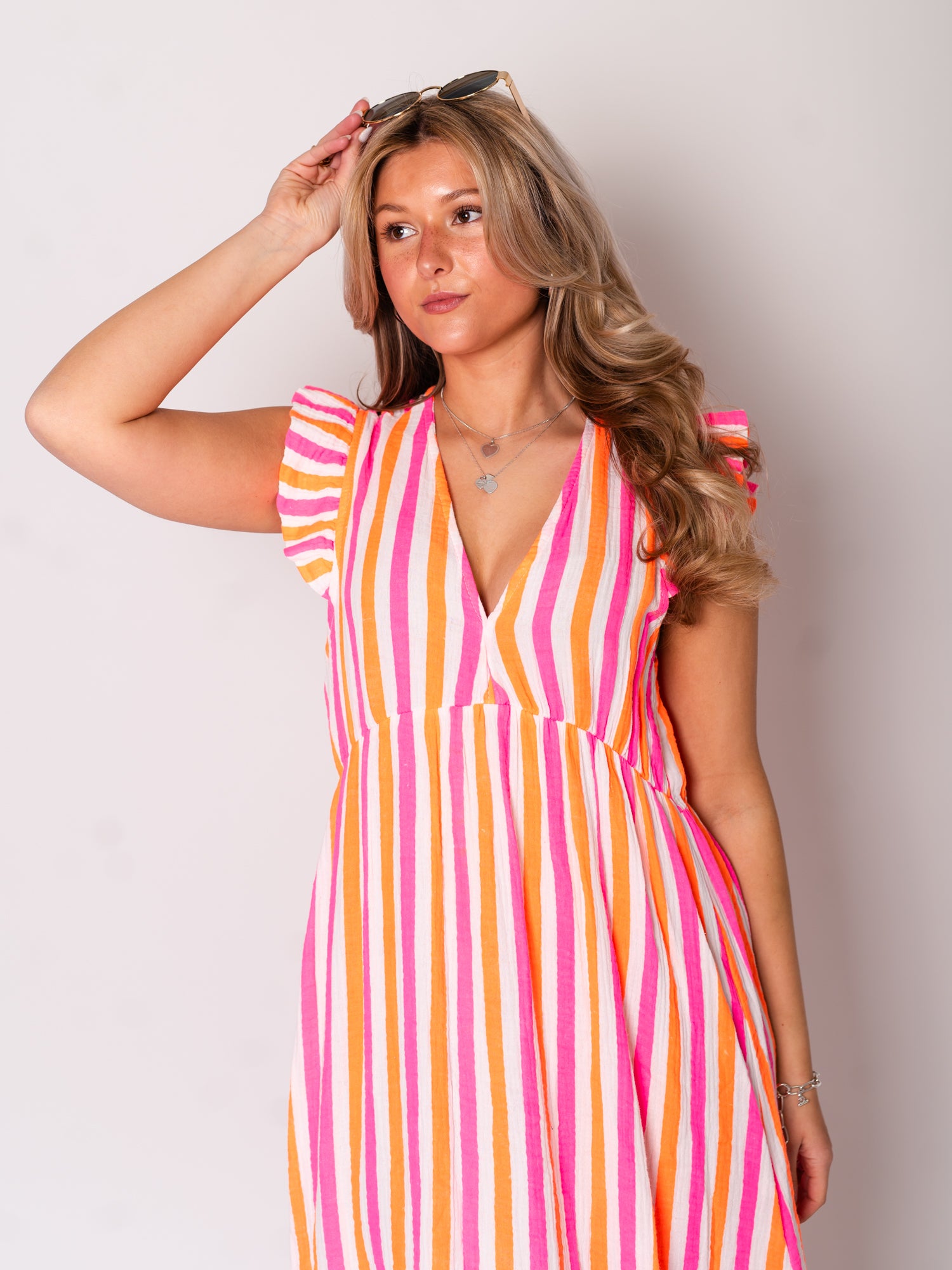 Leonora Musselin Kleid -  Streifen/Pink/Weiß