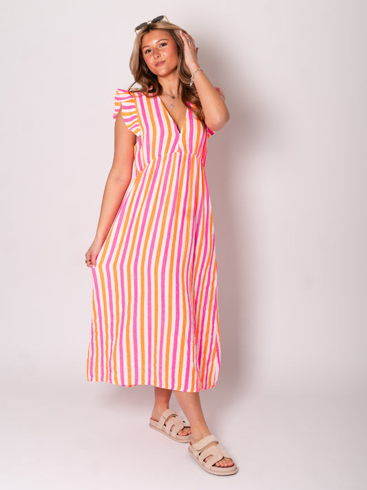 Leonora Musselin Kleid -  Streifen/Pink/Weiß