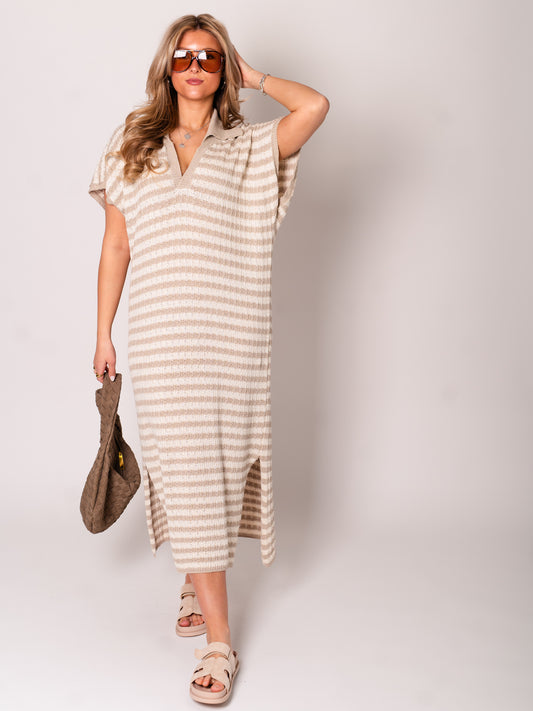 Midi Stripes  Kleid - Taupe/Creme
