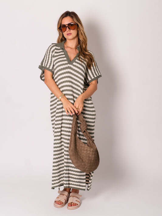 Midi Stripes  Kleid - Khaki/Creme