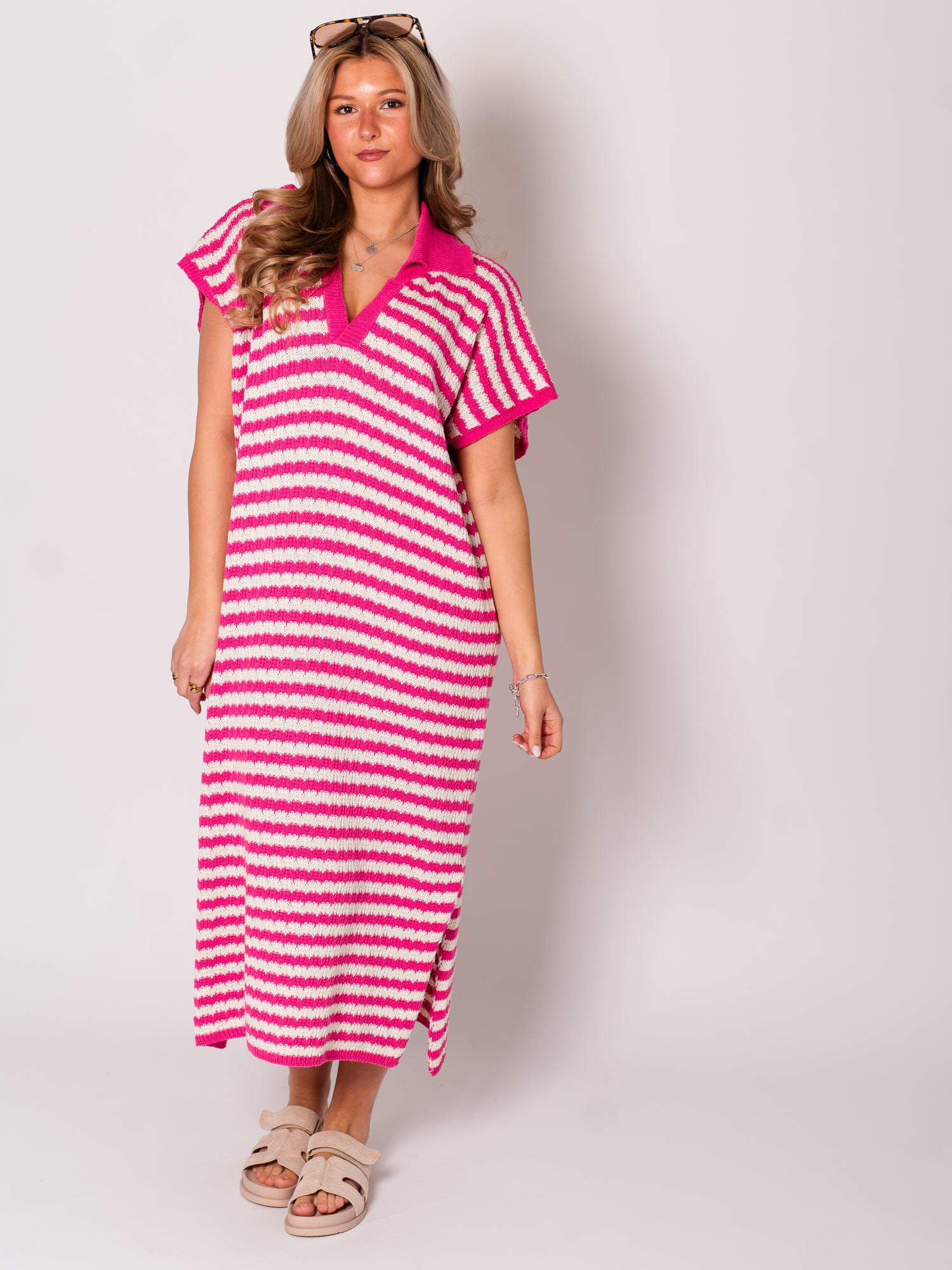 Midi Stripes  Kleid - Pink/Creme