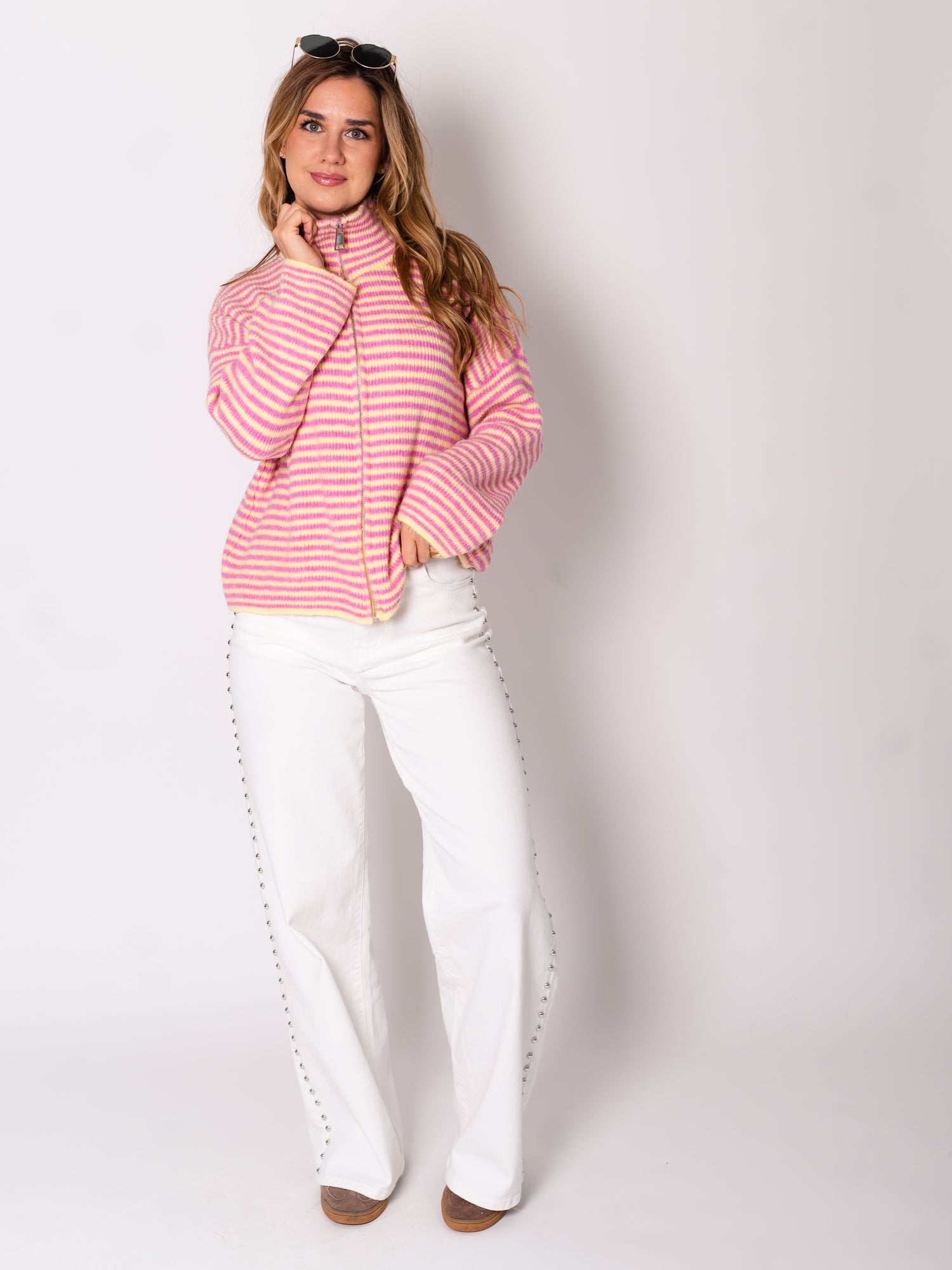 Zip Up Streifen Cardigan - Rosa/Gelb