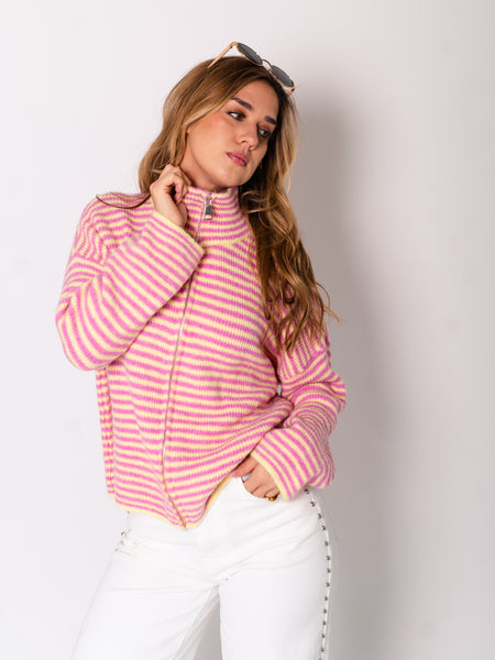 Zip Up Streifen Cardigan - Rosa/Gelb