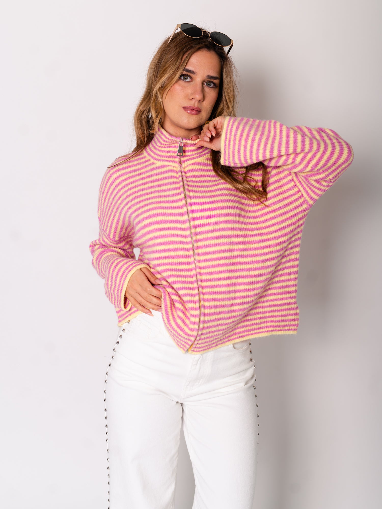 Zip Up Streifen Cardigan - Rosa/Gelb