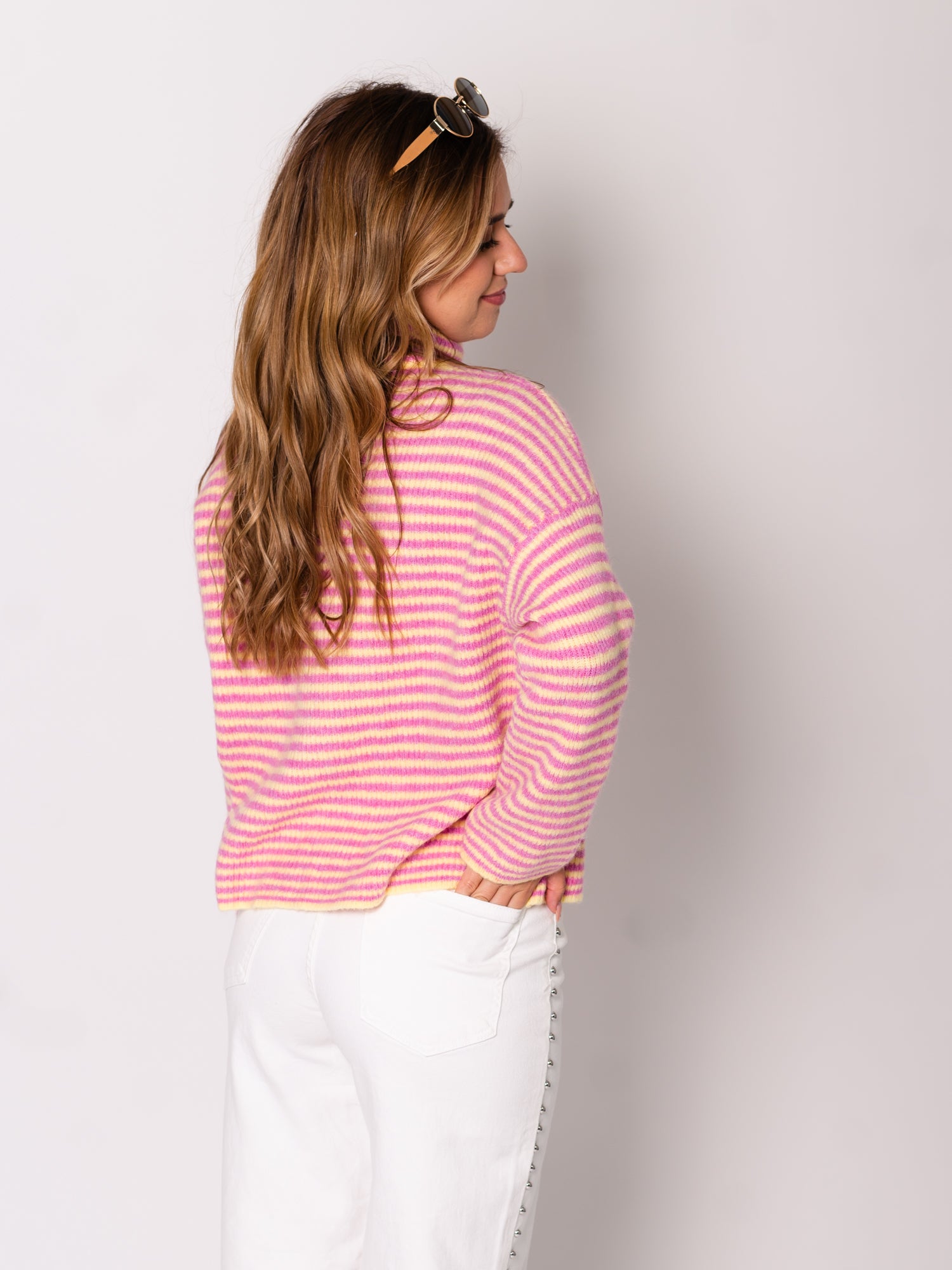 Zip Up Streifen Cardigan - Rosa/Gelb