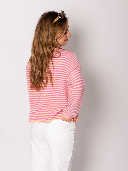 Zip Up Streifen Cardigan - Rosa/Gelb