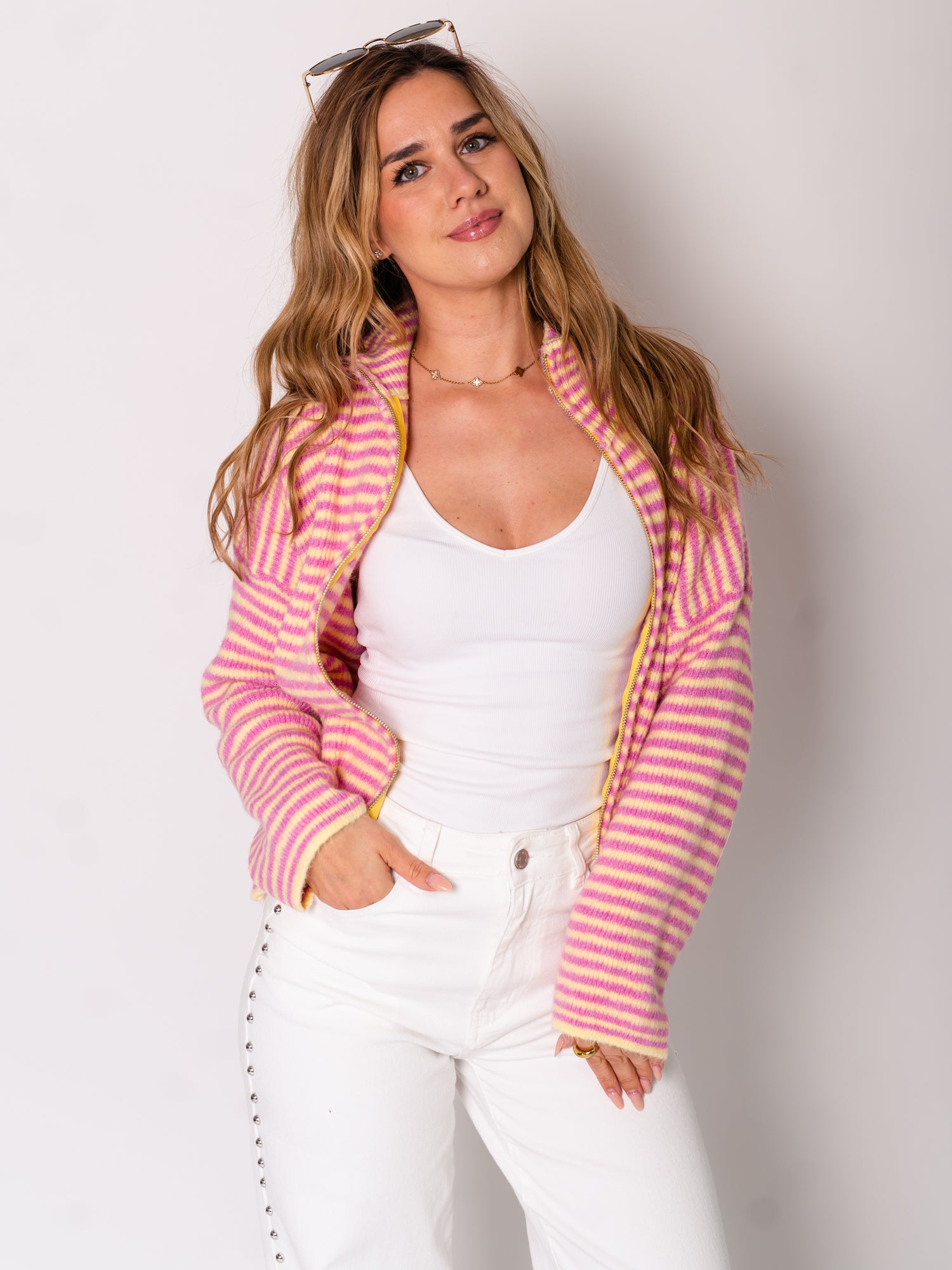 Zip Up Streifen Cardigan - Rosa/Gelb