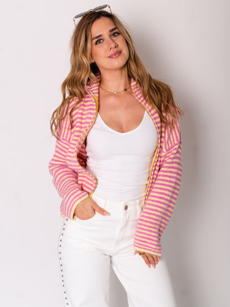 Zip Up Streifen Cardigan - Rosa/Gelb