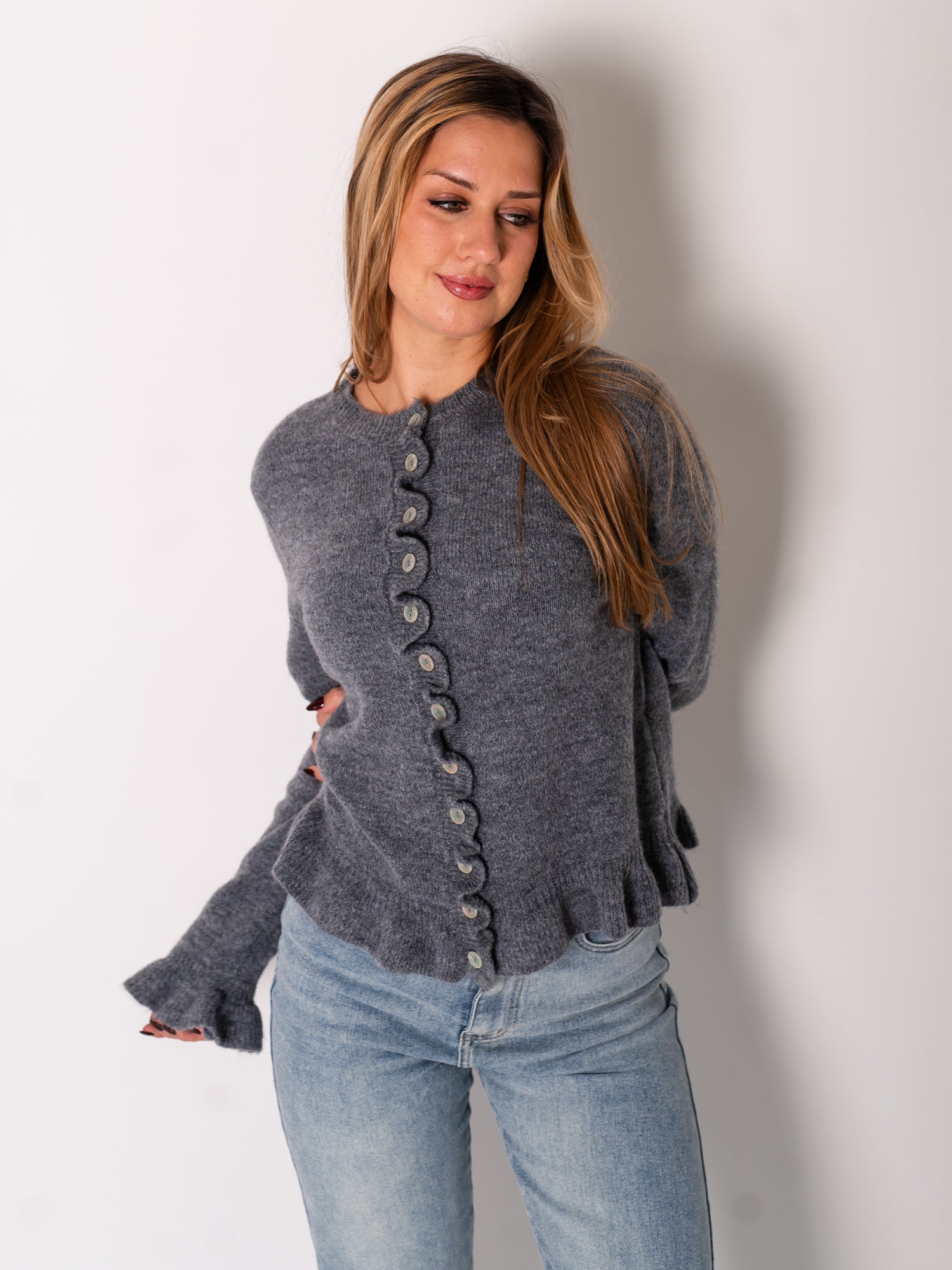 Blaire Rüschen Strickjacke - Grau