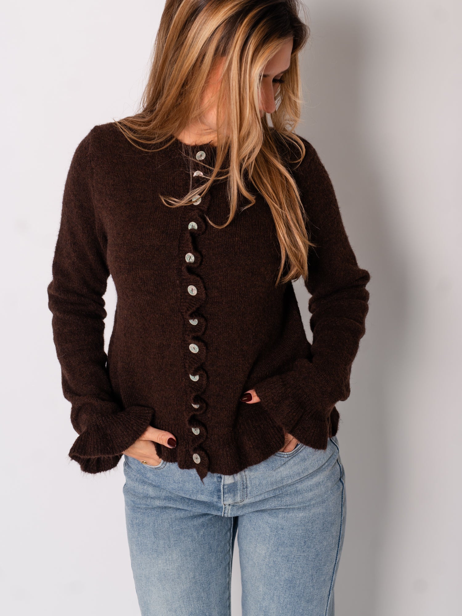 Blaire Rüschen Strickjacke - Espresso