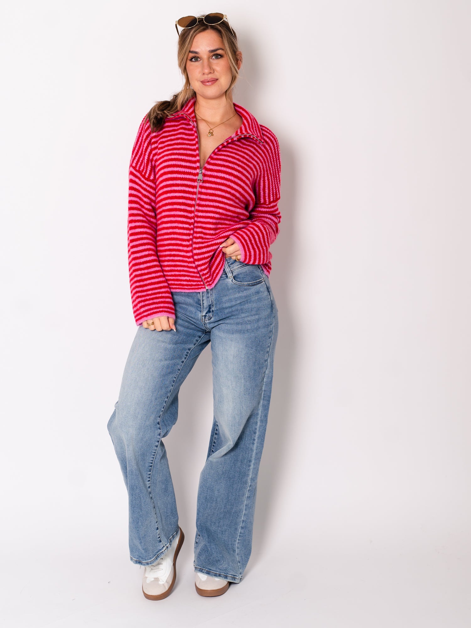 Zip Up Streifen  Cardigan - Rosa/Rot