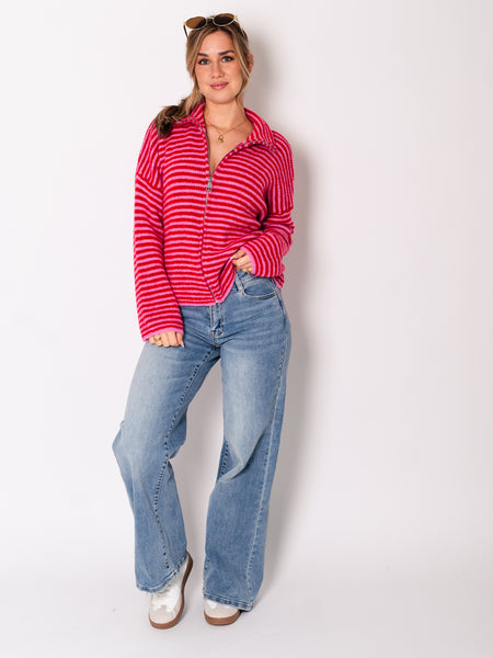 Zip Up Streifen  Cardigan - Rosa/Rot