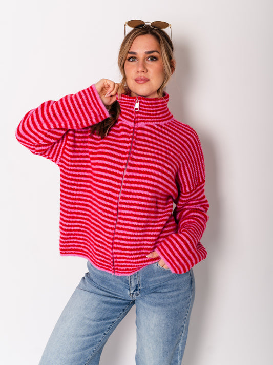 Zip Up Streifen  Cardigan - Rosa/Rot