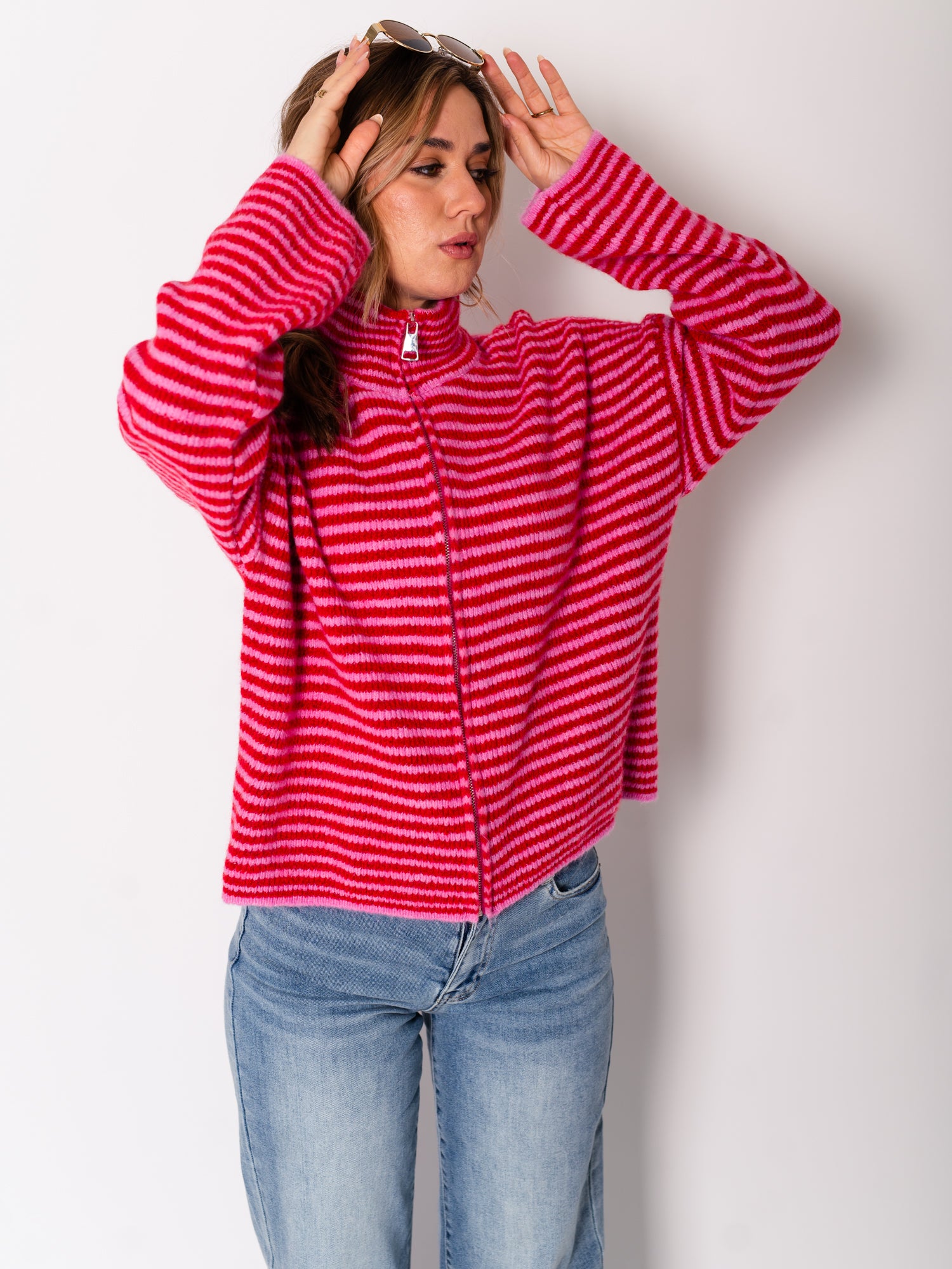Zip Up Streifen  Cardigan - Rosa/Rot