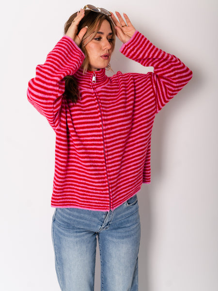 Zip Up Streifen  Cardigan - Rosa/Rot