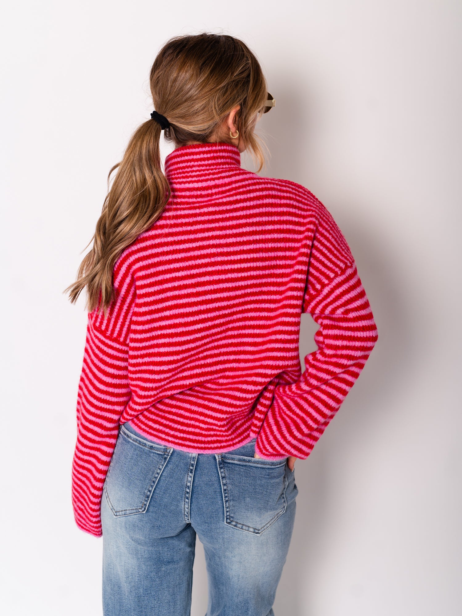 Zip Up Streifen  Cardigan - Rosa/Rot