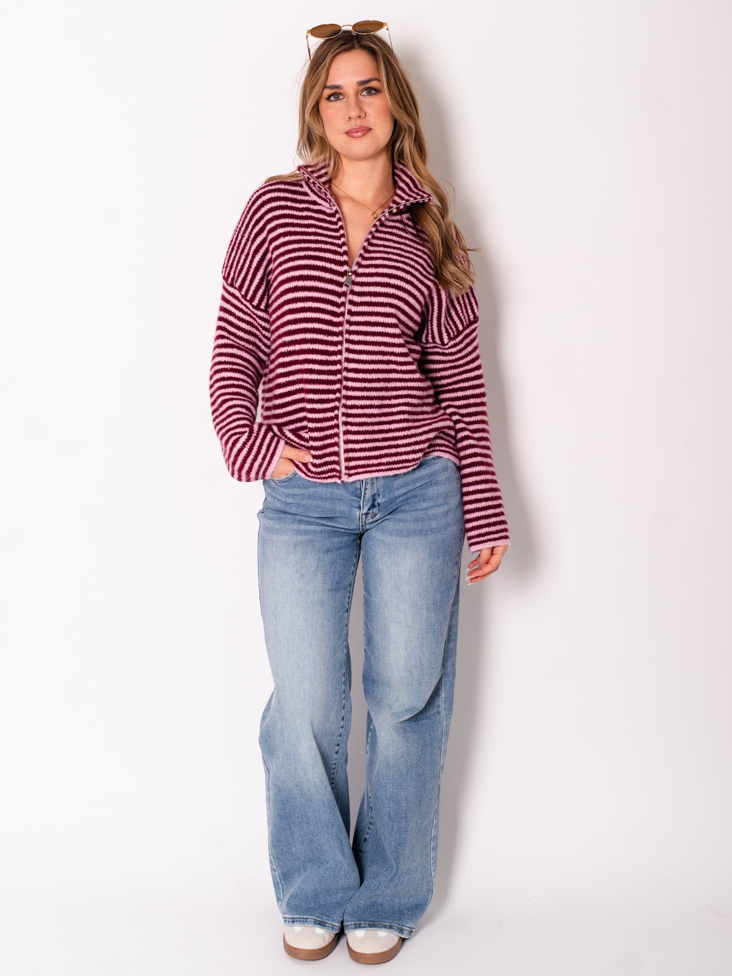 Zip Up Streifen Cardigan - Burgundy/Rosa