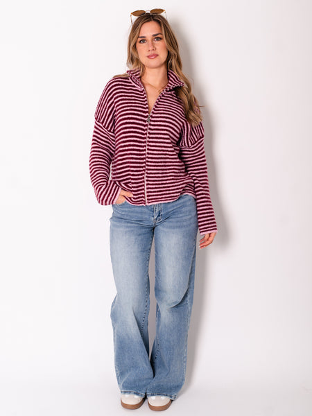 Zip Up Streifen Cardigan - Burgundy/Rosa