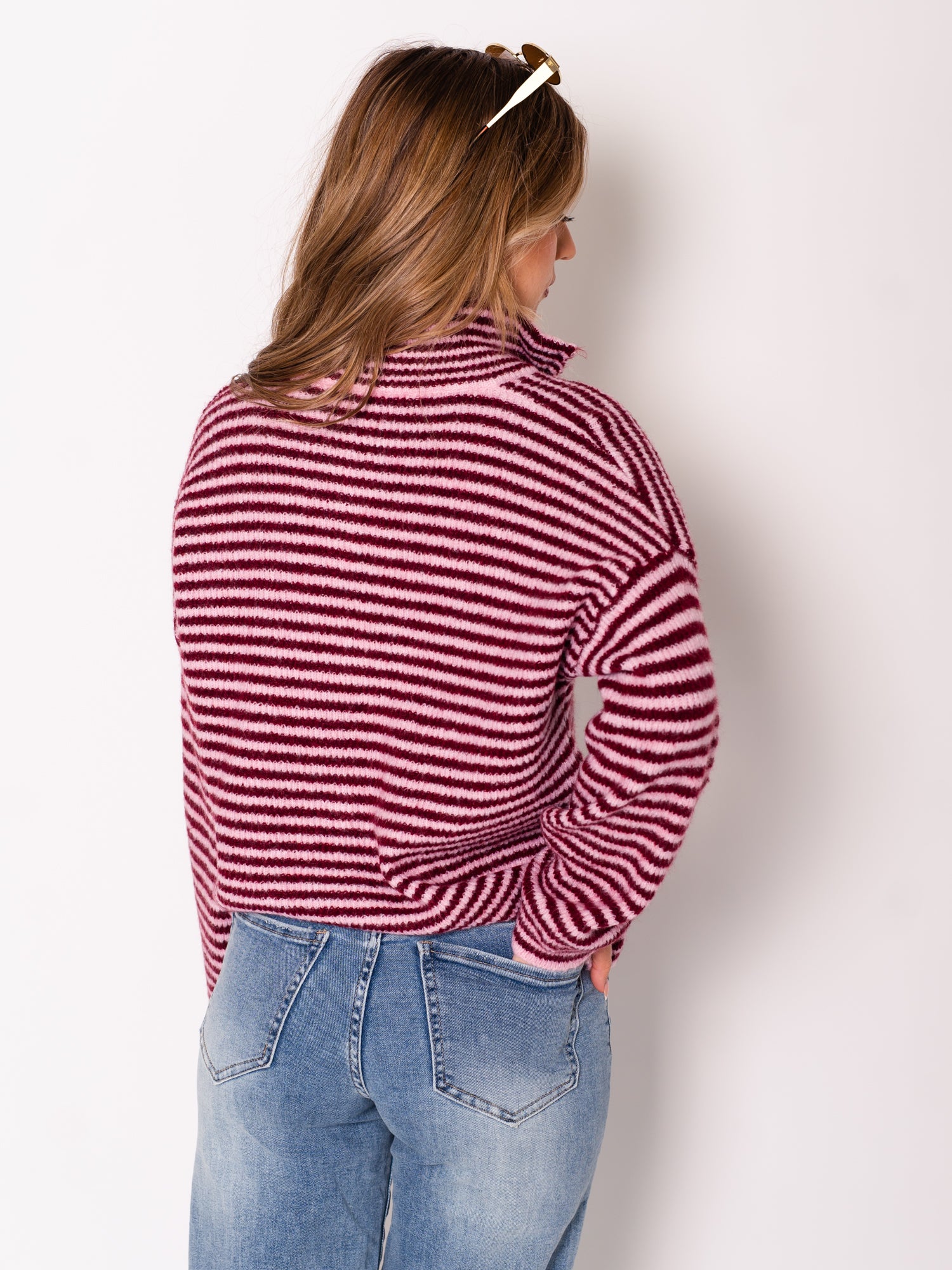 Zip Up Streifen Cardigan - Burgundy/Rosa