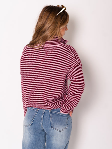 Zip Up Streifen Cardigan - Burgundy/Rosa
