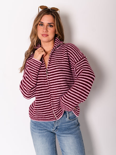 Zip Up Streifen Cardigan - Burgundy/Rosa