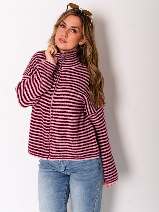 Zip Up Streifen Cardigan - Burgundy/Rosa