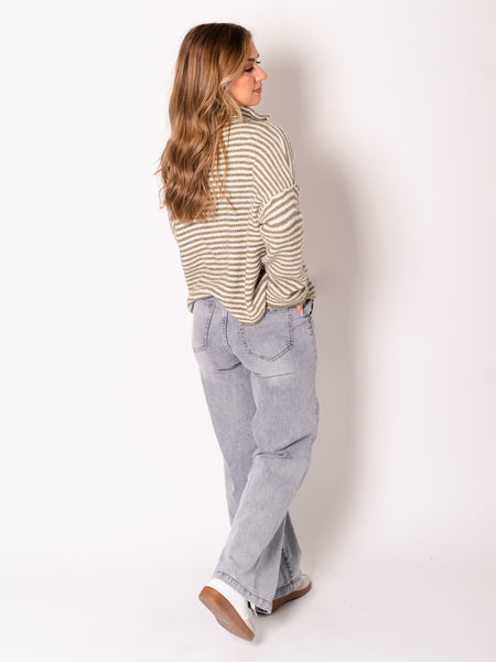 Zip Up Streifen Cardigan - Grün/Creme