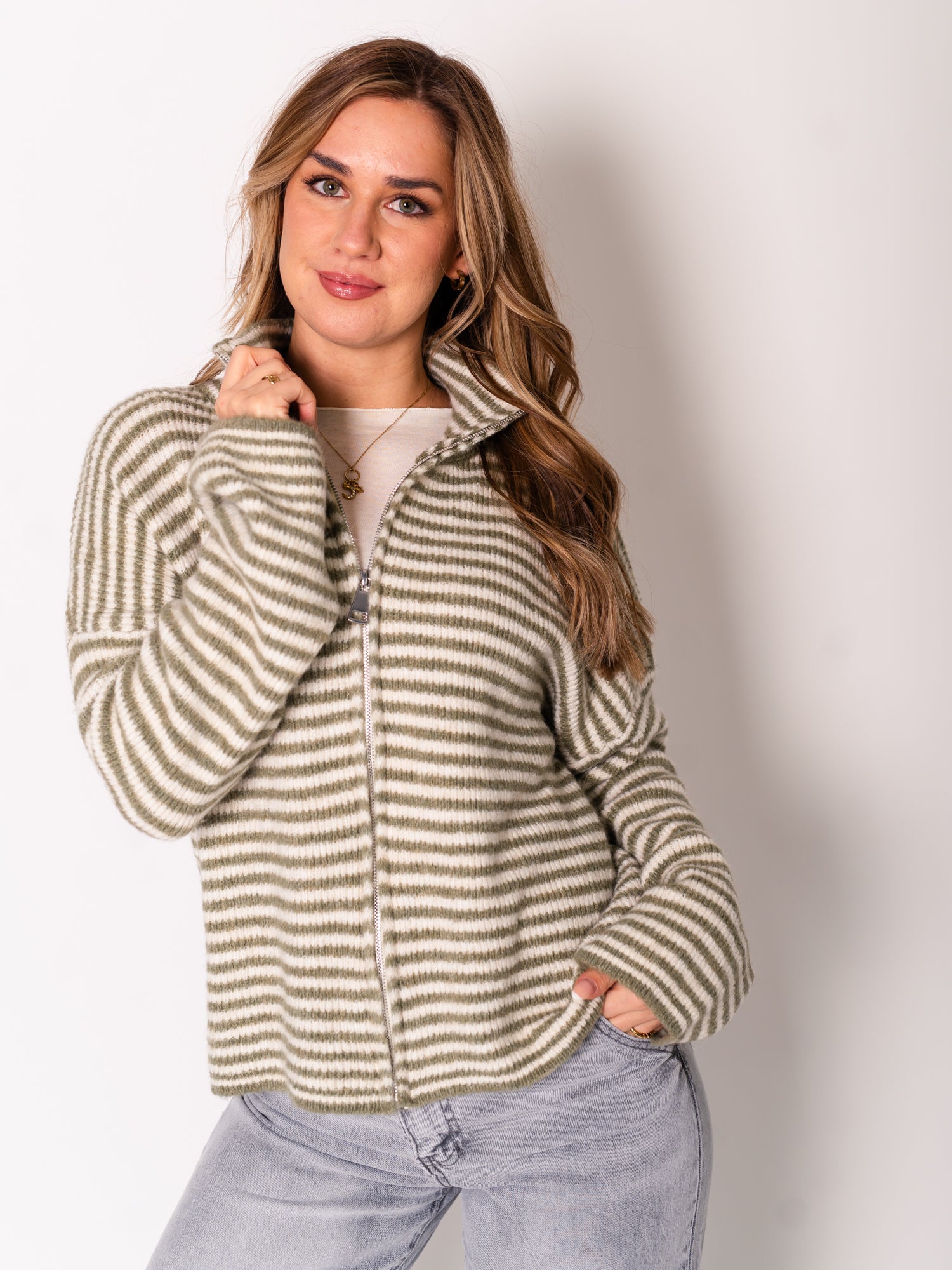 Zip Up Streifen Cardigan - Grün/Creme