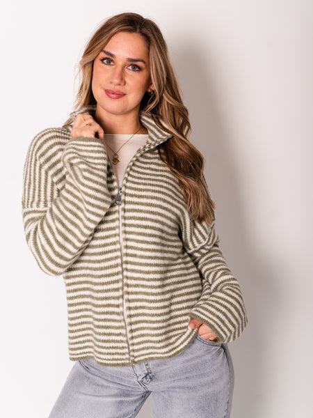 Zip Up Streifen Cardigan - Grün/Creme