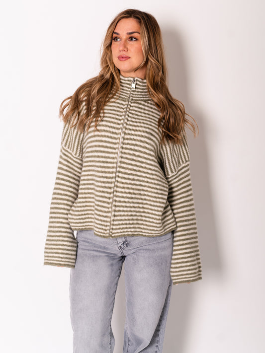 Zip Up Streifen Cardigan - Grün/Creme
