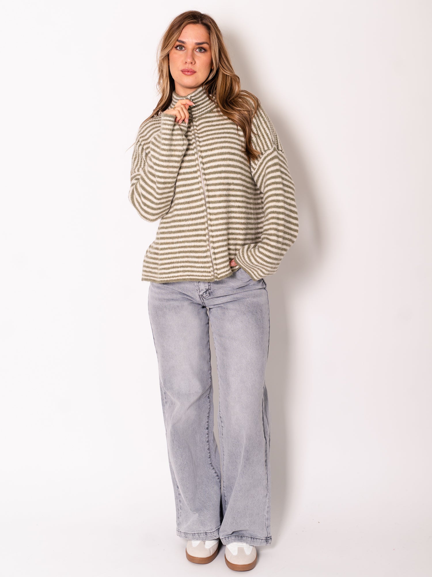 Zip Up Streifen Cardigan - Grün/Creme