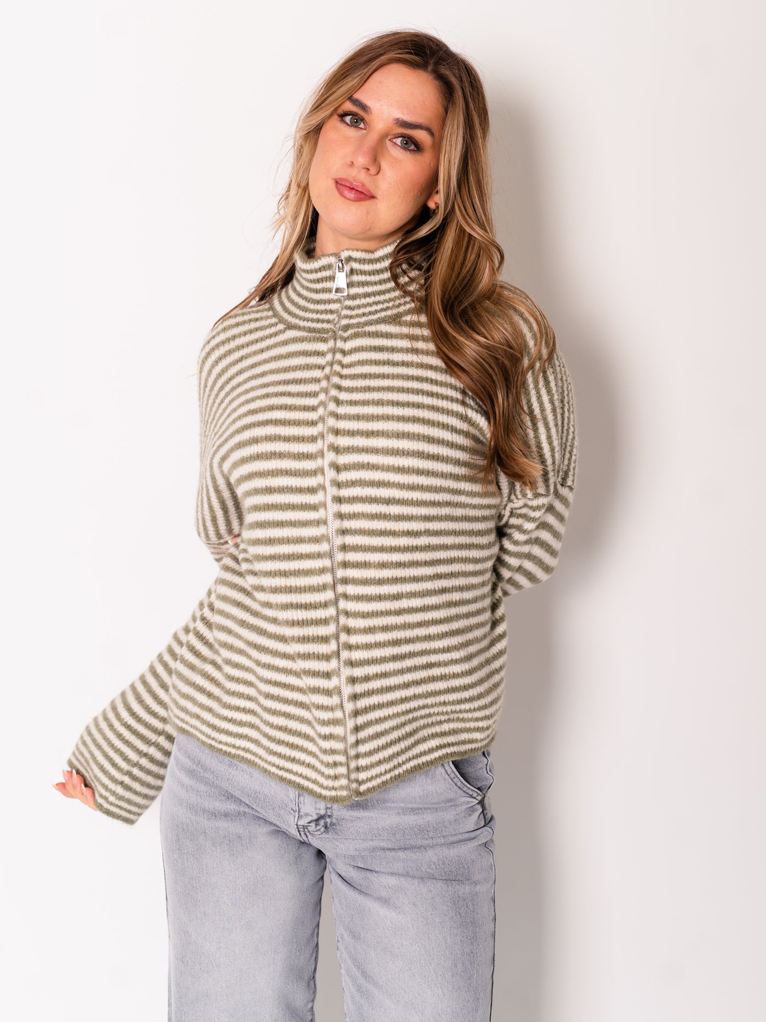 Zip Up Streifen Cardigan - Grün/Creme