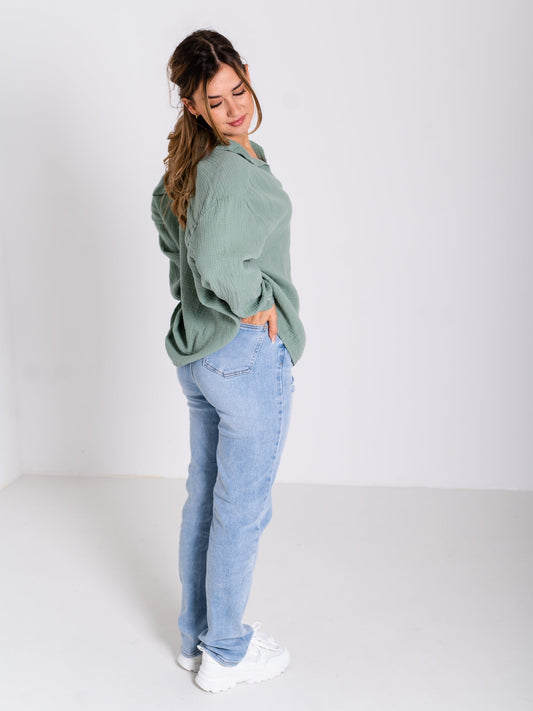 B-Ware 373. Midi Waffle Bluse - Matcha