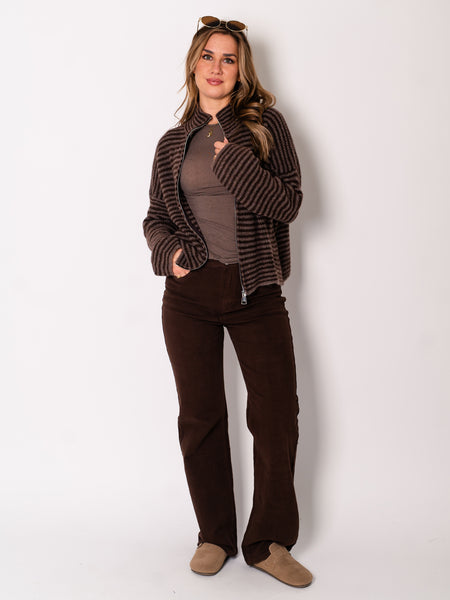 Zip Up Streifen Cardigan - Dunkelbraun