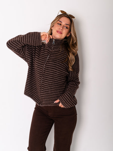 Zip Up Streifen Cardigan - Dunkelbraun
